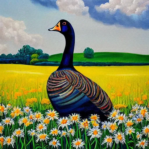 Prompt: a vibrant painting of a giant goose in the foreground in a field of daisies