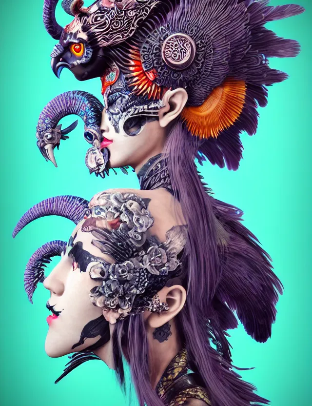 Image similar to 3 d goddess close - up profile portrait punk with mohawk with ram skull. beautiful intricately detailed japanese crow kitsune mask and clasical japanese kimono. betta fish, jellyfish phoenix, bio luminescent, plasma, ice, water, wind, creature, artwork by tooth wu and wlop and beeple and greg rutkowski