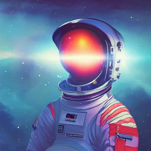 Image similar to cosmic skies in the reflection on an astronaut suit helmet. Vivid colors, soft lighting, atmospheric, cinematic, moody, in the style of Ilya Kuvshinov and Range Murata, Krenz Cushart, rule of thirds, oil on canvas, 8k.