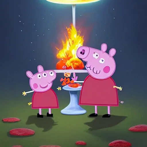 Image similar to Peppa Pig plays in front on a large nuclear mushroom and is totally oblivious to the fact that the city is in flames and everyone die. Elegant, intricate, digital painting, artstation, concept art, smooth, sharp focus, illustration, art by artgerm and greg rutkowski and alphonse mucha