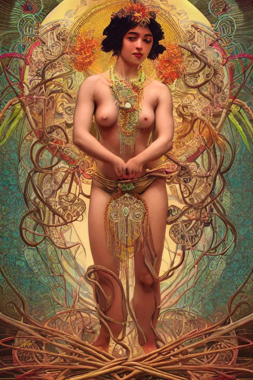 Prompt: an immaculate render of a dancing tribal goddess adorned with leaves and cables and bird wings, dancing in a temple surrounded by wild tentacles made from mandalas and incense smoke, full body, perfect face, powerful, cinematic, beautifully lit, by artgerm, by alphonse mucha, by karol bak, 3 d, trending on artstation, octane render, 8 k