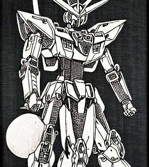 Prompt: a gundam made of bones as a d & d monster, pen - and - ink illustration, etching, by russ nicholson, david a trampier, larry elmore, 1 9 8 1, hq scan, intricate details, high contrast