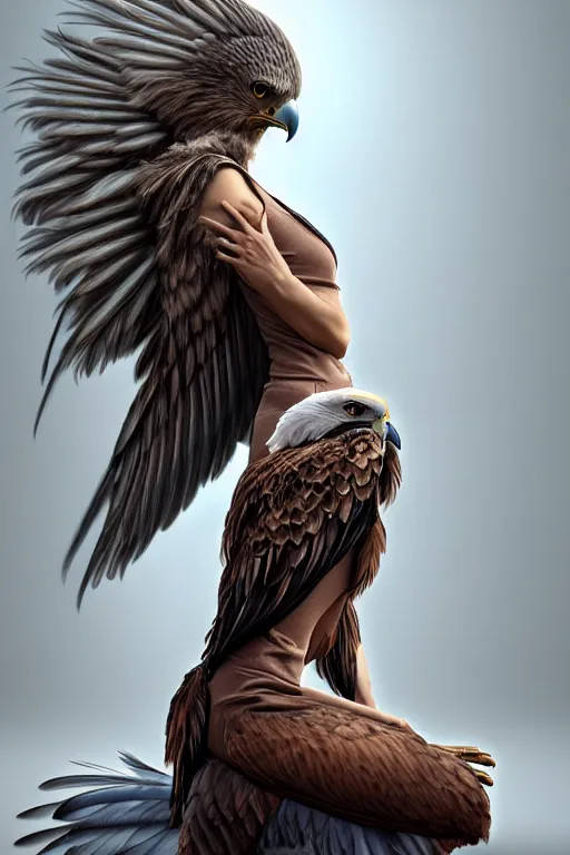 Image similar to epic professional digital art of sitting female human - eagle hybrid wearing human air force jumpsuit, feathered head, eagle beak, sitting, sitting, by lisa roet, reyna rochin, ignacio fernandez rios, leesha hannigan, wayne haag, artstation, cgsocietywlop, epic, much wow, much detail, gorgeous, detailed, 4 k