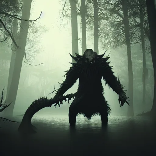 Image similar to monster with claws and big teeths, in a foggy forest, beautiful dynamic dramatic dark moody lighting, cinematic atmosphere, stunning shadows, octane render, bloodborne style, 8 k, photorealistic