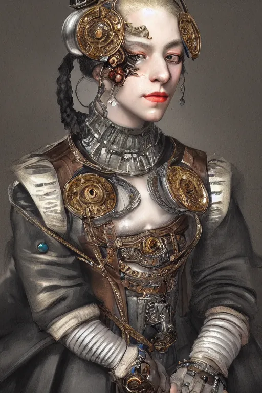 Image similar to moody portrait, headshot, digital painting, of a 17th century, beautiful cyborg girl merchant, dark hair, amber jewels, baroque, ornate clothing, scifi, futuristic, realistic, hyperdetailed, chiaroscuro, concept art, art by frans hals