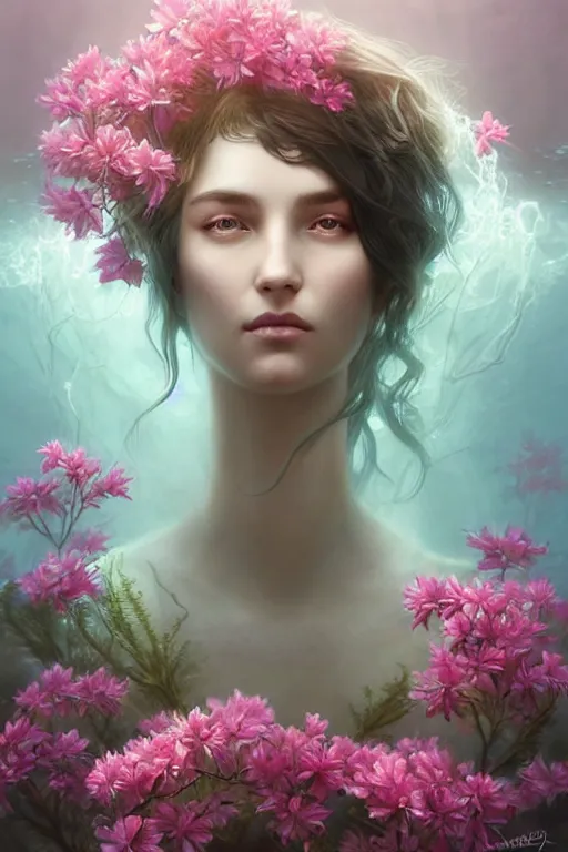 Prompt: a goddess of azaleas!! standing in a windy underwater garden! with a beautiful symmetrical face!!! cinematic lightning, murky dusty deep, smoky eyes, isolated, studio lighting by artgerm yuri shwedoff and tom bagshaw