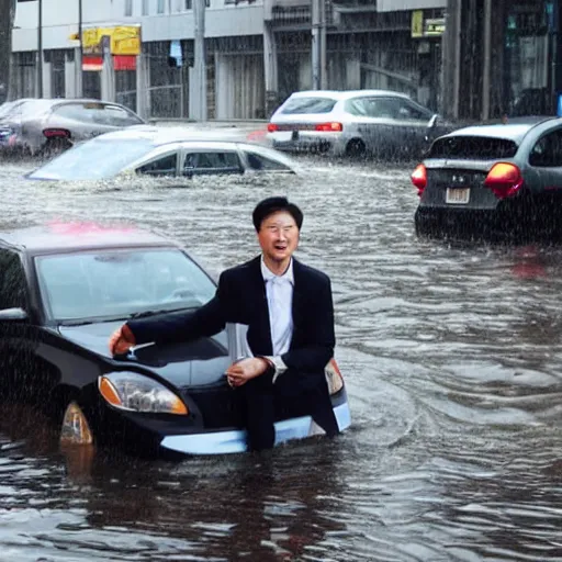 Image similar to seoul city is flooded by heavy rain. A guy with suit is sitting on the top of the A car is middle of the street flooded.