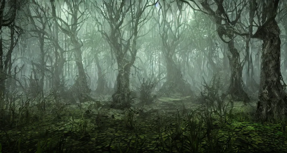 Prompt: A dense and dark enchanted forest with a swamp, from Lineage 2