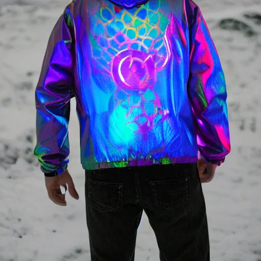 Prompt: Solarpunk hologram on a winter jacket