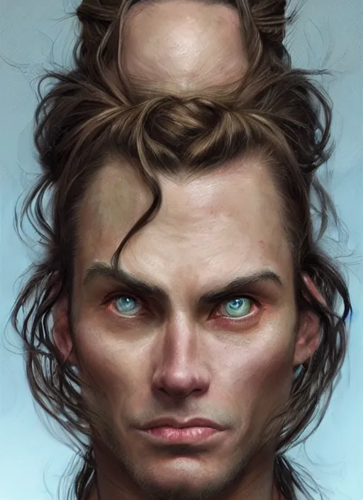 Prompt: a warrior in his twenties smirking deceitfully with long light brown hair tied back, light green eyes, a large forehead, a widows peak and a round face with high cheekbones and full lips as a realistic d & d fantasy character, portrait art by donato giancola and greg rutkowski, vintage retro, realistic face, digital art, trending on artstation