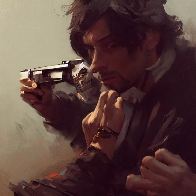 Prompt: painted portrait of meme gangster seraching for money, blackmail, guns on background, upper body, fantasy intricate elegant extremely detailed digital painting trending artstation concept art sharp focus illustration art by gustave courbet greg rutkowski craig mullins