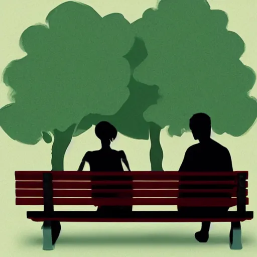 Prompt: a couple sitting on a park bench, illustration