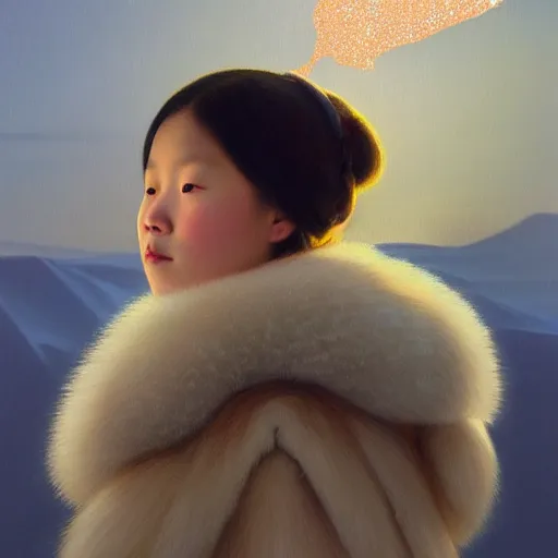 Image similar to a ultradetailed beautiful painting of a inuit canadian girl by hsiao ron cheng, ngai victo, nivanh chanthara jean delville wlop and dougherty patrick, trending on artstation, alaska, light sparkles, major arcana sky, sharp focus, soft light