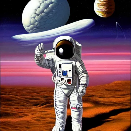 Image similar to An astronaut alone on a giant skull with the cosmos in the background by Jim Burns