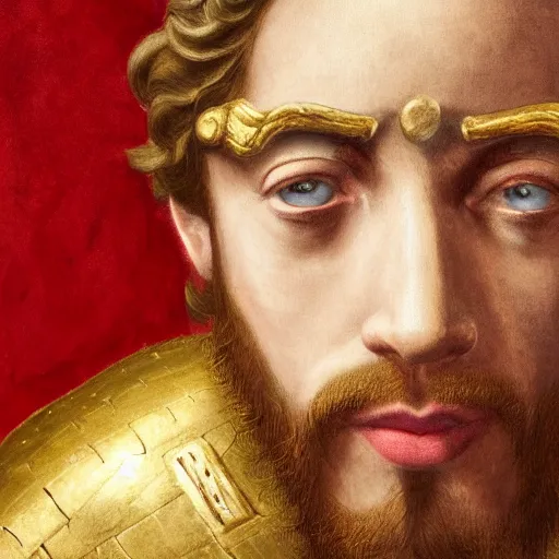 Image similar to Sam Hyde as a Roman warrior wearing gold and red armor, elegant suit, looking at bloody fist, portrait art by Leonardo da Vinci, highly detailed, digital painting, concept art, illustration, dim lighting with twilight rays of sunlight, trending on artstation, very detailed, smooth, sharp focus, octane render, close up