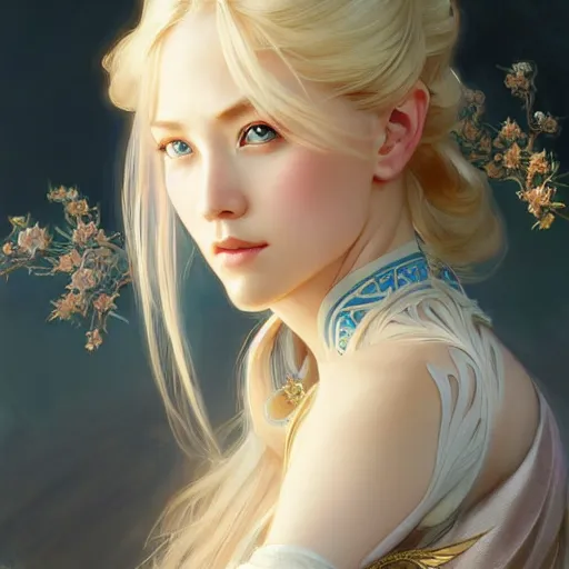 Image similar to elegant Chinese princess, D&D, blue eyes, blonde hair, fantasy, intricate, elegant, highly detailed, digital painting, artstation, concept art, smooth, sharp focus, illustration, art by artgerm and greg rutkowski and alphonse mucha