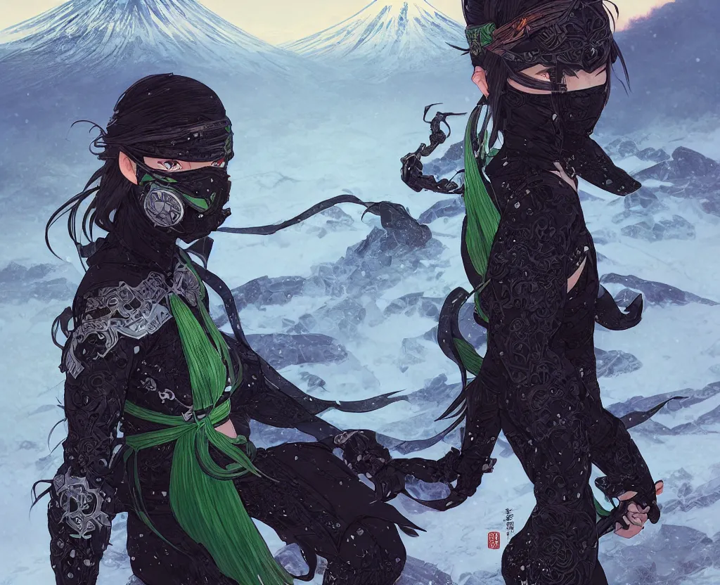 Image similar to portrait ninja gaiden girl, black plus little green ninja wardrobe, at snowy fuji mountain sunrise, ssci - fi and fantasy, intricate and very very beautiful, detailed, digital painting, artstation, concept art, smooth and sharp focus, illustration, art by tian zi and wlop and alphonse mucha