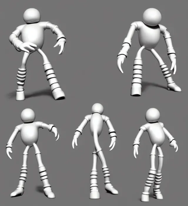 Prompt: 3 d studio render simplistic!!! minimalistic!!!! character concept for a cartoon metal character with a round metal head, a body made of metal poles, arms made of scissor arms, and white metal gloves. flexible!!!!! posing, dynamic!!! expressive!!! trending on artstation, octane render, unreal engine 5 render