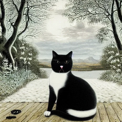 Prompt: a painting of a black and white cat in a scenic environment by johfra bosschart, hyperdetailed, beautiful, trending on artstation