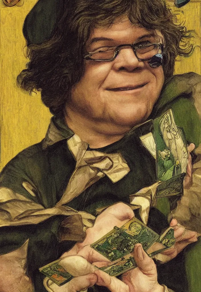 Image similar to Yann LeCun smiling on the Rider–Waite tarot. Illustration by preraphaelists.