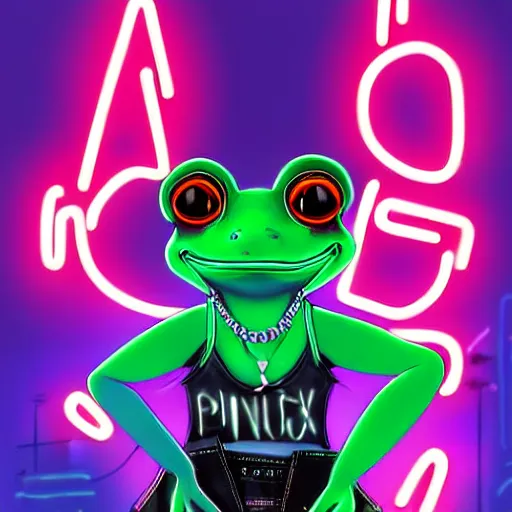 Prompt: beautiful furry digital art portrait commission of an androgynous furry anthro frog fursona wearing punk clothes in the streets of a cyberpunk city. neon signs. character design by charlie bowater, ross tran, artgerm, and makoto shinkai