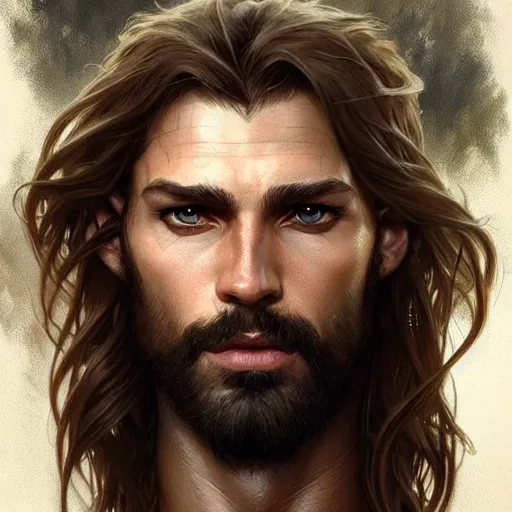 Image similar to Portrait of rugged male ranger, D&D, amber eyes, face, long hair, muscular, fantasy, intricate, elegant, highly detailed, digital painting, artstation, concept art, smooth, sharp focus, illustration, art by artgerm and greg rutkowski and alphonse mucha