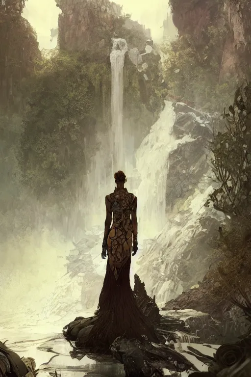 Prompt: a full body portrait of a beautiful post apocalyptic offworld nordic biofarmer swimming by the waterfalls, intricate, elegant, highly detailed, digital painting, artstation, concept art, smooth, sharp focus, illustration, art by krenz cushart and artem demura and alphonse mucha