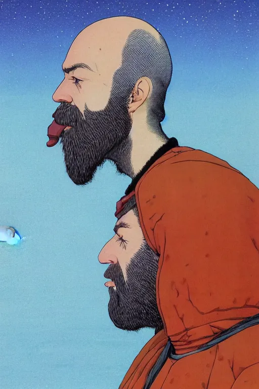 Image similar to a colorful closeup portrait of a young bald man with a very long wild beard dreaming psychedelic hallucinations in the vast icy landscape of antarctica, by kawase hasui, moebius and edward hopper, colorful flat surreal design, hd, 8 k, artstation