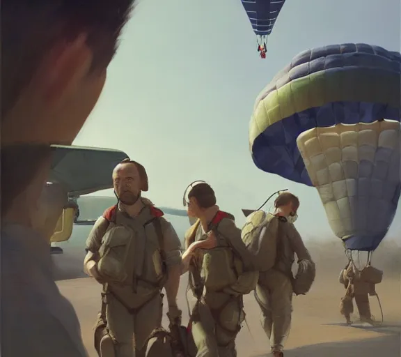Image similar to five parachutists go to the plane, portrait, close view, painting by craig mullins, octane rendering, soft morning lighting, wide angle lens, in the style of hayao miyazaki, trending on artstation,