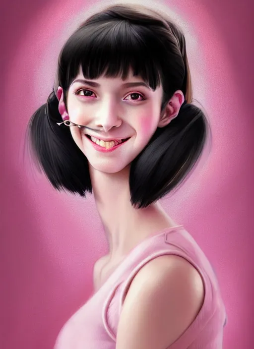 Image similar to portrait of high school girl, realistic, black hair, bangs, half updo hairstyle, pointy nose, skinny, smile, ugly, defined jawline, big chin, pink hair bow, earrings, intricate, elegant, glowing lights, highly detailed, digital painting, artstation, sharp focus, illustration, art by wlop, mars ravelo and greg rutkowski