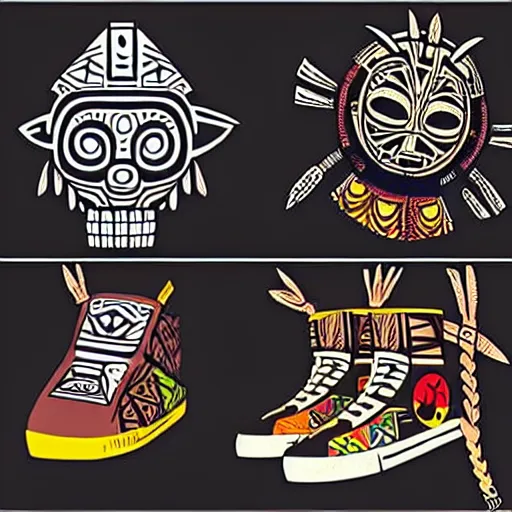 Image similar to sneaker design concept art, aztec mayan street fashion native punk sneaker design, majora's mask, wearing wooden mask, hip hop sneaker design with subtle mayan patterns, gapmoe yandere grimdark, trending on pixiv fanbox, painted by greg rutkowski makoto shinkai takashi takeuchi studio ghibli, akihiko yoshida