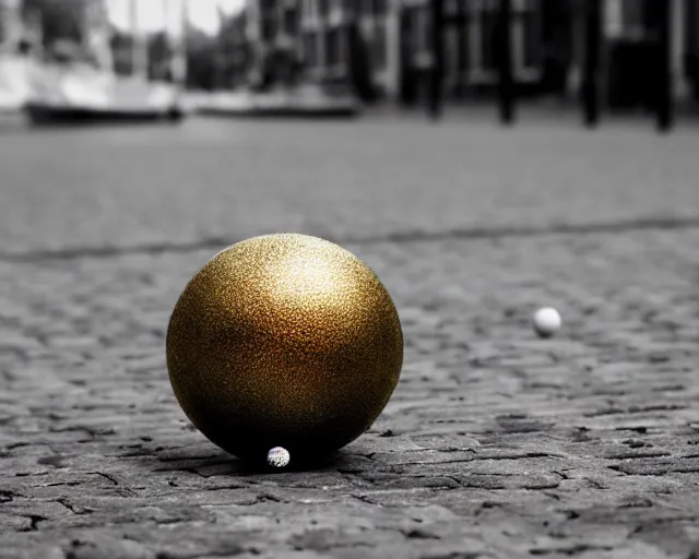 Prompt: closeup macro photography of petanque ball in prinsengracht canal, intricate detail, beautiful aesthetic, photorealistic, award winning professional petanque sports photography cinematic composition, volumetric noon lighting, rich colors, 8 k by rembrandt van rijn, focus