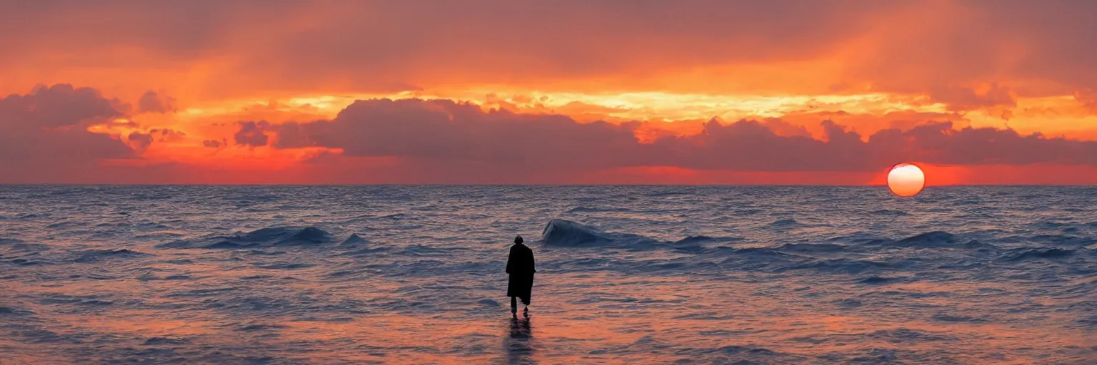 Image similar to an old fisherman walking on the beach overlooking a sinking spaceship in the ocean. sunset and colorful sky, two suns