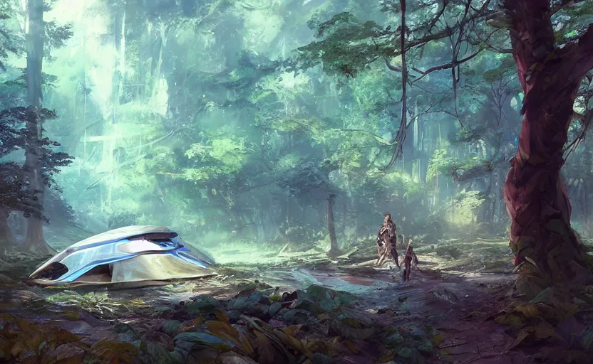 Prompt: a futuristic spaceship crash-landed in a forest, atmospheric lighting, crash, overgrowth. By Makoto Shinkai, Stanley Artgerm Lau, WLOP, Rossdraws, James Jean, Andrei Riabovitchev, Marc Simonetti, krenz cushart, Sakimichan, trending on ArtStation, digital art.