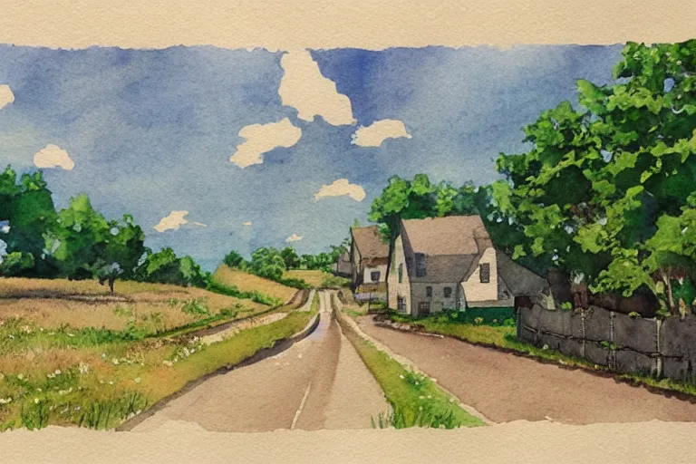 Prompt: country road store goose watercolor pen trending on artstation