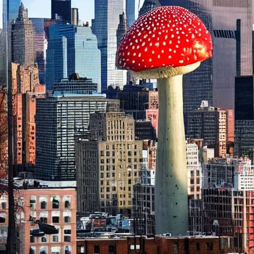 Prompt: a building shaped like an amanita muscaria in the New York skyline