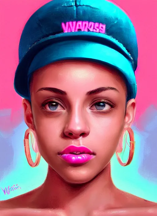 Image similar to portrait of teenage vanessa morgan with bright pink hair, black girl, curly pixie cut hair, wearing newsboy cap, pink short haircut, newsboy cap, hoop earrings, blue eyes, intricate, elegant, glowing lights, highly detailed, digital painting, artstation, concept art, smooth, sharp focus, illustration, art by wlop, mars ravelo and greg rutkowski