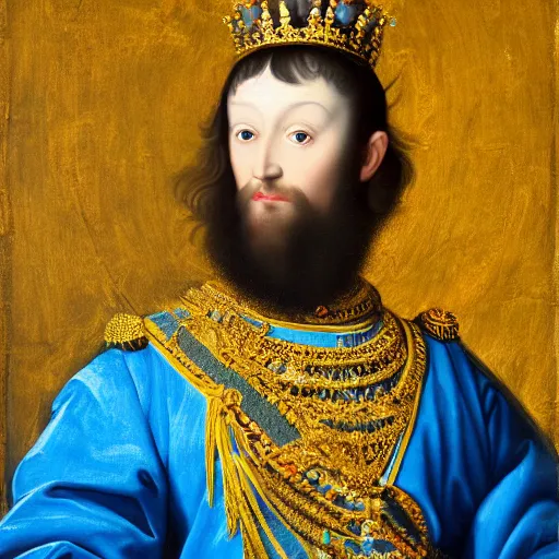 Prompt: highly detailed painting of the french king, he is wearing a blue robe with yellow stars across it, 4 k resolution, by jaquis luis david, visible paint layers, renaissance.