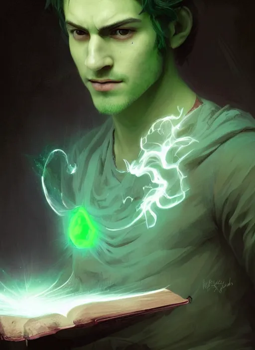 Image similar to character concept portrait of an attractive young clever Spanish wizard with powder-green skin conjuring a nature spell, a floating iridescent spell book in the center, intricate, elegant, digital painting, concept art, smooth, sharp focus, illustration, from Metal Gear, by Ruan Jia and Mandy Jurgens and William-Adolphe Bouguereau, Artgerm