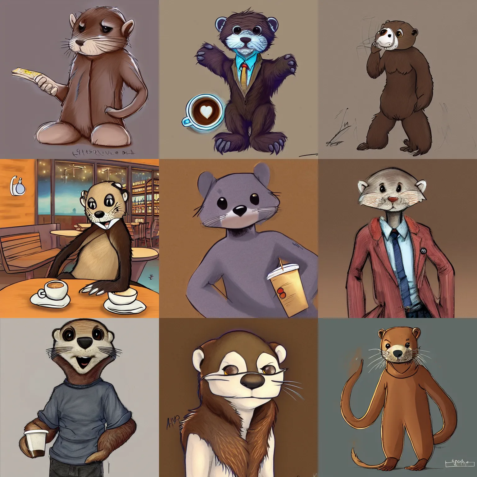 Prompt: anthropomorphic furry otter wearing cool clothes in a coffee shop, trending on art station, furaffinity, don bluth