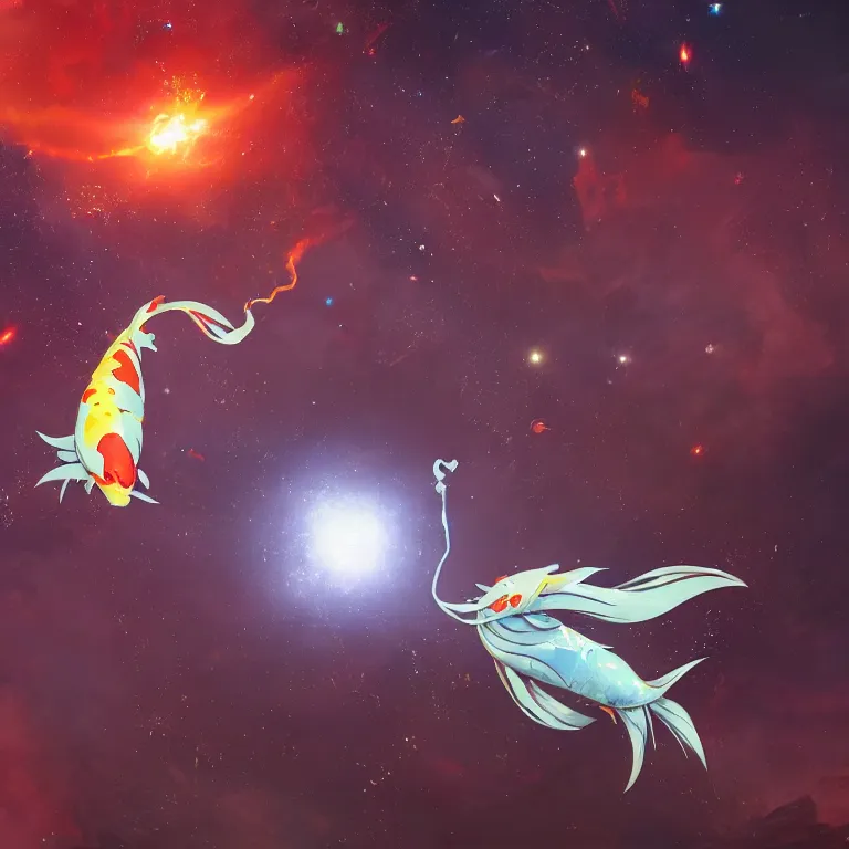 Image similar to a giant shiny robot koi karp flying in deep space toward an exploding spiral galaxy. strong irideshent reflections. cinematic. film look. detailed. artstation.