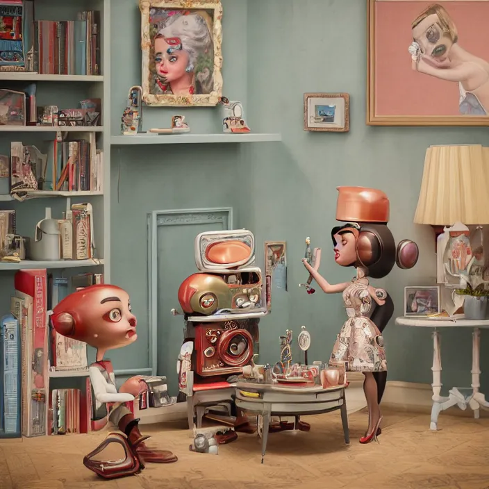 Prompt: portrait of a retro 1 9 5 0 s tin toy living room, depth of field, zeiss lens, detailed, symmetrical, centered, fashion photoshoot, by nicoletta ceccoli, mark ryden, lostfish, breathtaking, 8 k resolution, extremely detailed, beautiful, establishing shot, artistic, hyperrealistic, octane render