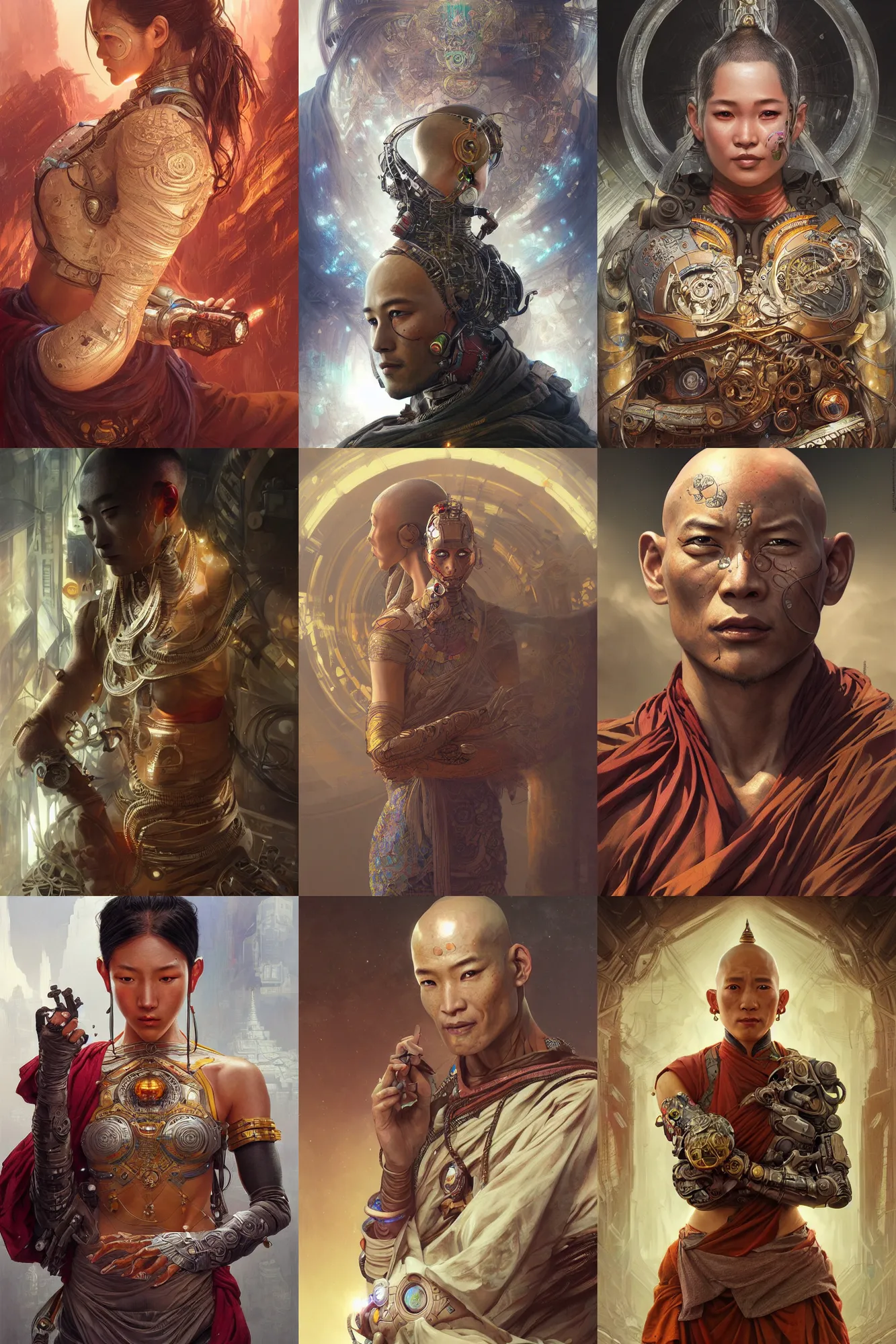 Prompt: Ultra realistic illustration, Cyborg Tibetan Monk, cyberpunk, sci-fi, fantasy, intricate, elegant, highly detailed, digital painting, artstation, concept art, smooth, sharp focus, illustration, art by artgerm and greg rutkowski and alphonse mucha