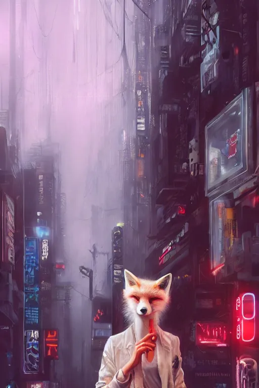 Image similar to beautiful portrait of a tall white female anthro fox smoking a cigarette towering head and shoulders above the bustling crowd of a rainy city street around her, cyberpunk clothes, harsh neon lights, highly detailed, sharp focus, digital painting, illustration, trending on artstation, art by sakimichan, wlop, greg rutkowski