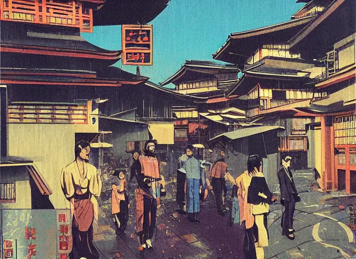 Prompt: vincent di fate's 1 9 8 0 depiction of a kyoto village near a japanese mansion. cyberpunk style.