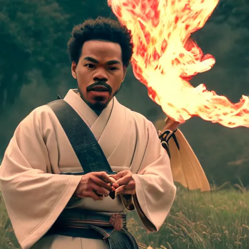 Image similar to cinematic film still of Chance The Rapper starring as a Samurai holding fire, Japanese CGI, VFX, 2022, 40mm lens, shallow depth of field, film photography