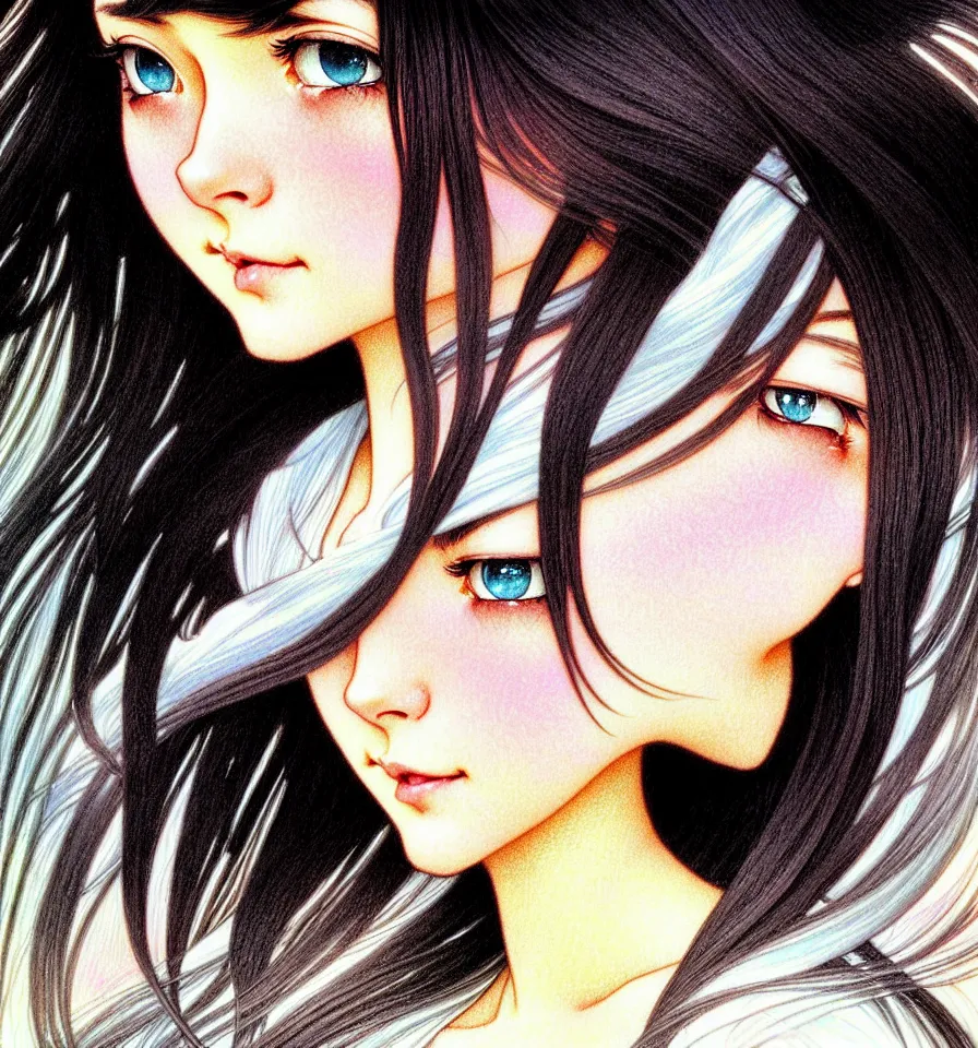 Image similar to closeup portrait of a sweet girl with silky black long hair is covered in white powdered sugar posing for the camera in a bakery kitchen. insanely and epically detailed high-quality artwork with soft colors, exquisitely detailed soft shadowing, amazingly composed image, epic pencil illustration, by Range Murata and by Alphonse Mucha and by Katsuhiro Otomo.