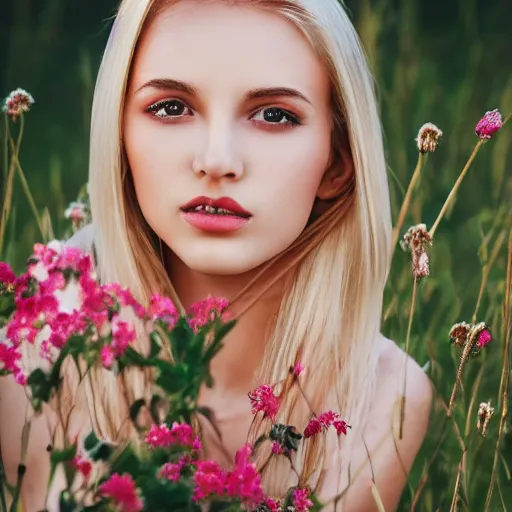 Image similar to photo of very attractive very beautiful very slim blonde girl ,face close-up,20years old,spotless skin,in a flowery field,very high detail,sharp, 35mm art lense, award winning, magazine cover, golden hour