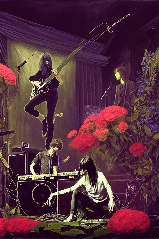 Image similar to the velvet underground and nico playing live on stage at a night club, beautiful stage decoration with flowers in the background, painting by ivan shishkin and james jean, very detailed and toned down and ornamental and moody and cool and relaxed and high on drugs, tasteful colors, trending on artstation, behance contest winner