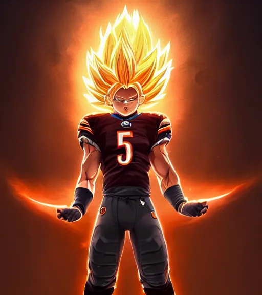 Image similar to highly detailed portrait of super saiyan cooper kupp cincinnati bengals football, unreal engine, fantasy art by greg rutkowski, loish, rhads, ferdinand knab, makoto shinkai and lois van baarle, ilya kuvshinov, rossdraws, tom bagshaw, global illumination, radiant light, detailed and intricate environment